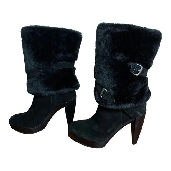 Nine West Priska Suede Platform Faux Fur Black Booties Boots Heeled US Size 7.5M - Picture 7 of 13